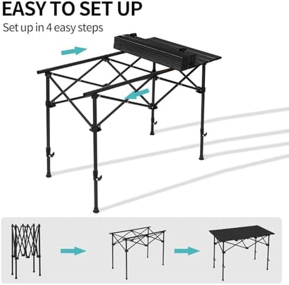 SHANQUAN Folding Camping Table, 46.5 × 21.7 Inches Portable Camp Table Aluminum Fold Up Lightweight Roll Up Table Adjustable Height with Carry Bag for Camping, Picnic, Backyard, BBQ, Patio, Black