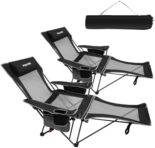 2-Pack Reclining Camping Chair 4 Position with Foot Rest Comfortable for Adults 265Ibs Folding Lounger Mesh Beach Chair with Cooler Bag and Cup Holder for Outdoor Patio