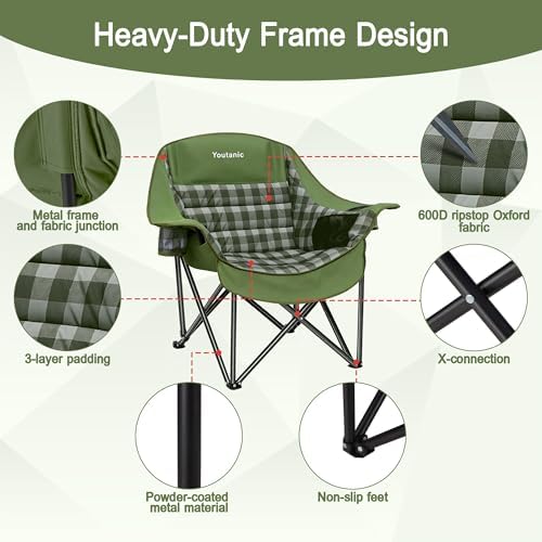 Youtanic Oversized Large Padded Camping Chair, 400 lbs Foldable Lawn Chair