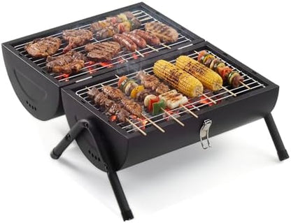 Outvita Portable Charcoal Grill with Thermometer, Dual-Sided Tabletop Black
