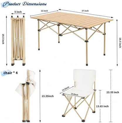 Camping Table with 4 Chairs, Portable Folding Picnic Table Set-Beige
