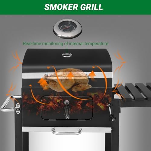 45.6" Portable Charcoal Grill,Metal Outdoor Barbecue Smoker,Heavy Duty Outdoor BBQ Grill,Vertical Camping Barbecue Grill,with Foldable Side Table & Wheels,for Garden Patio Beach Backyard (Black)
