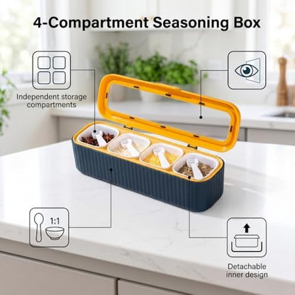 Clear Seasoning Box, 4PCS Seasoning Rack Spice Pots, Storage Container Condiment Jars Seasoning Box with Clear Covers and Spoons for Spice, Sugar, Salt, Pepper, Garlic Powder (Blue)