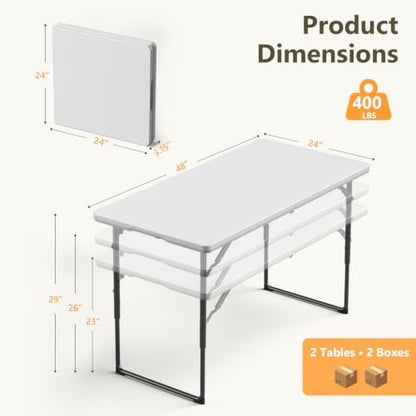 2 Pack 4 FT Folding Table with Adjustable Height, Heavy Duty Fold in Half Utility Table, Portable Plastic Picnic Table, No Assembly Card Table for Camping, BBQ, Party, RV Travel