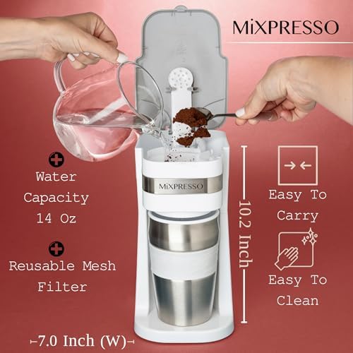 Mixpresso Single Serve & Single Cup Coffee Maker with 14oz Travel Mug White