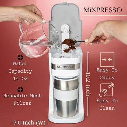 Mixpresso Single Serve & Single Cup Coffee Maker with 14oz Travel Mug White