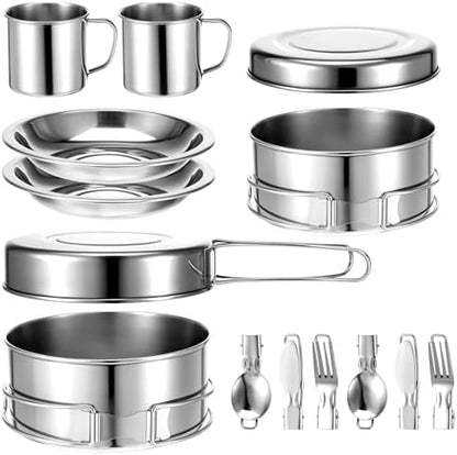 JJUNW 14Pcs Stainless Steel Camping Cookware Set, Lightweight Compact Camping Pots Pans Set with Cups Plates Forks Knives Spoons for Backpacking Camping-Cooking Hiking and Picnic