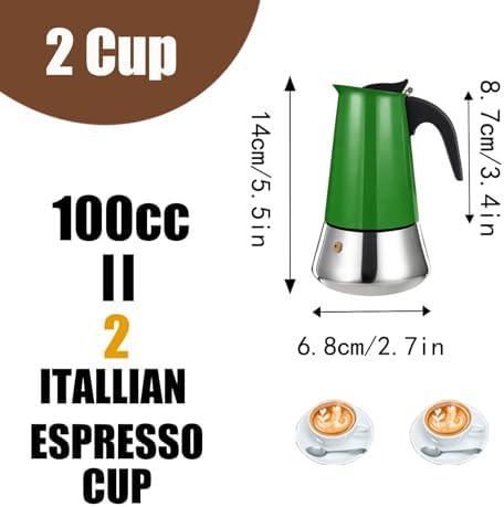 2 Cup Stovetop Espresso Maker Stainless Steel Moka Pot Stove Top Percolator Italian Coffee Makers Capable Mocha Greca Machine Cafe Classic Induction Cookers for Home and Camping 100ml 3.3oz
