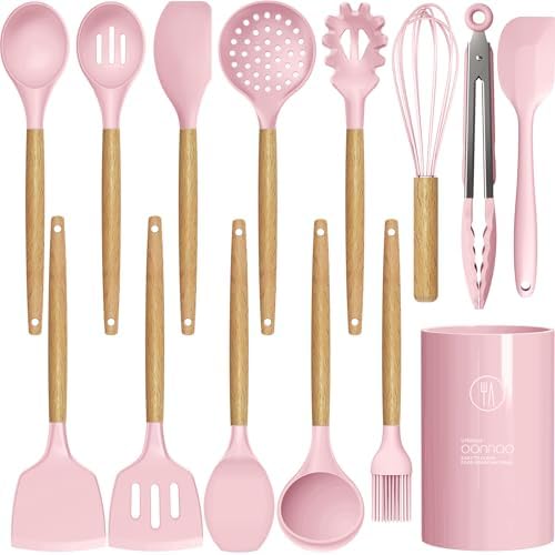 oannao Silicone Kitchen Utensils Set - 446°F Heat Resistant Cooking Utensil Sets, Spatula,Turner,Tongs,Spoon,Whisk, Wooden Handle Silicone Kitchen Gadgets Tools for Non-Stick Cookware BPA Free (Pink)
