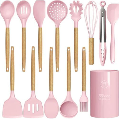 oannao Silicone Kitchen Utensils Set - 446°F Heat Resistant Cooking Utensil Sets, Spatula,Turner,Tongs,Spoon,Whisk, Wooden Handle Silicone Kitchen Gadgets Tools for Non-Stick Cookware BPA Free (Pink)