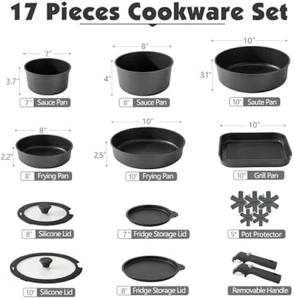 SENSARTE 17 Piece Nonstick Detachable Handle Pots and Pans Set Black