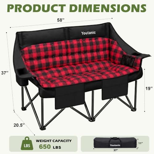 Youtanic Double Camping Chair, Heavy Duty 650lbs Padded Loveseat for Adults