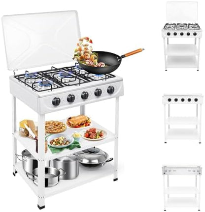 Gas Stove 5 Burner, 2500W Portable Grill BBQ Gas Stove Outdoor Camping Cooking BBQ Grill with 2-Tier Storage Rack for Motorhome Travel and Outdoor Cooking (White)