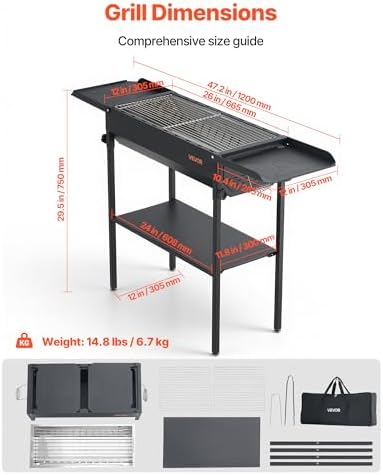VEVOR Foldable Charcoal Grill, Portable Charcoal Barbecue Grill with Adjustable Height & Folding Side Tables, High-Temp Powder-Coated Steel Outdoor BBQ Grills for Camping Backyard Parties