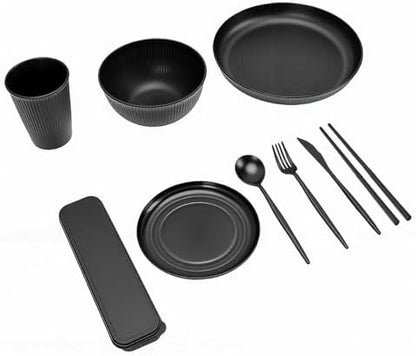 POCREATION Dinnerware Set Service for 4 Microwave Safe Dishwasher Safe Plates Bowls Set Reusable PP Cutlery for Travel Camping Picnics
