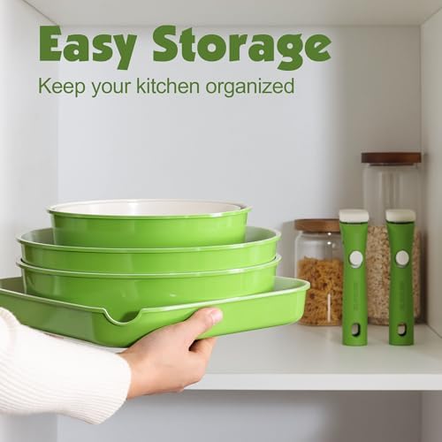 SENSARTE 17 Piece Ceramic Detachable Handle Pots and Pans Set Green