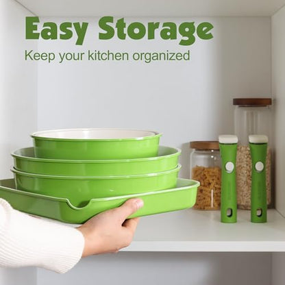 SENSARTE 17 Piece Ceramic Detachable Handle Pots and Pans Set Green