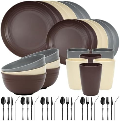 Quatish 48 Piece Plastic Plates and Bowls Sets for 6, Dinnerware Sets Brown