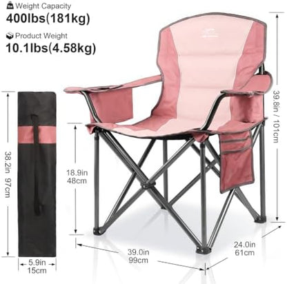 Oversized Padded Camping Chairs for Adults,Heavy Duty Support 400 Lbs,Folding Portable Lawn Chair w/Cup Holder,Cooler Bag,Side Pocket,Perfect for Outdoor Picnic,Hiking(Pink)