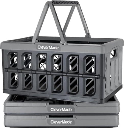 CleverMade Eco Collapsible Shopping Basket with Handles, 24L Stone, 3 Pack