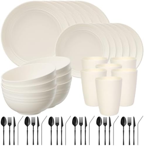 Quatish 48 Piece Plastic Plates and Bowls Sets for 6, Dinnerware Sets Beige