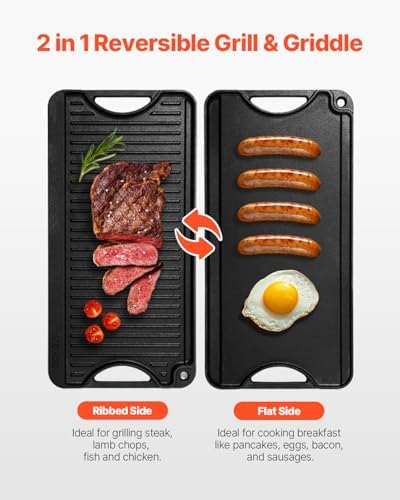 VEVOR Reversible Grill/Griddle, 20x10 inch Pre-Seasoned Cast Iron Griddle, Portable Rectangular Pan with Handle, Family Cookware for Indoor/Outdoor Stove Top Burner, Gas, Camping BBQ, Black