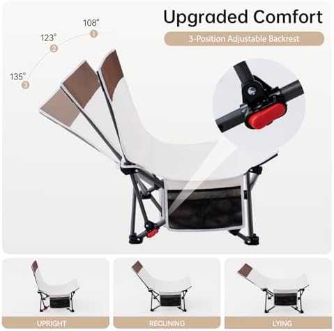 Compact Beach Chairs 2 Pack with 3-Position Lay Flat Low Portable Camping Chairs for Adults Folding Reclining Chairs for Beach, Lawn, Travel