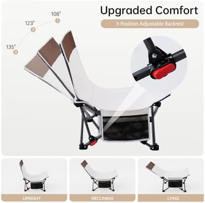 Compact Beach Chairs 2 Pack with 3-Position Lay Flat Low Portable Camping Chairs for Adults Folding Reclining Chairs for Beach, Lawn, Travel