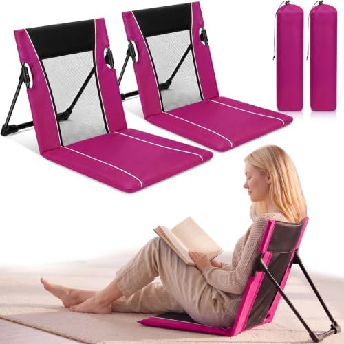 2pack Foldable Floor Chair with Back Support Folding Beach Chair, Rose Red