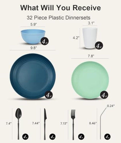 Quatish 32 Piece Plastic Plates and Bowls Sets for 4, Dinnerware Sets, Blue