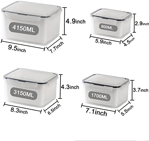 4 Pack Large Fridge Food Storage Container Set with Lids with Strainer, Fruit Vegetable Storage Containers Keep Fruits, Vegetables, Berry, Meat Fresh longer , BPA-Free Plastic Produce Keepers