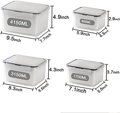 4 Pack Large Fridge Food Storage Container Set with Lids with Strainer, Fruit Vegetable Storage Containers Keep Fruits, Vegetables, Berry, Meat Fresh longer , BPA-Free Plastic Produce Keepers