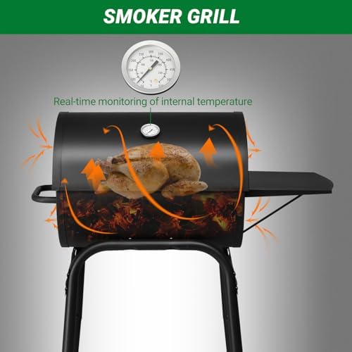 33.8" Portable Barrel Charcoal Grill,Metal Outdoor Barbecue Smoker,Heavy Duty Outdoor BBQ Grill,Vertical Camping Barbecue Grill,with Side Table & Wheels,for Garden Patio Beach Backyard (Black)