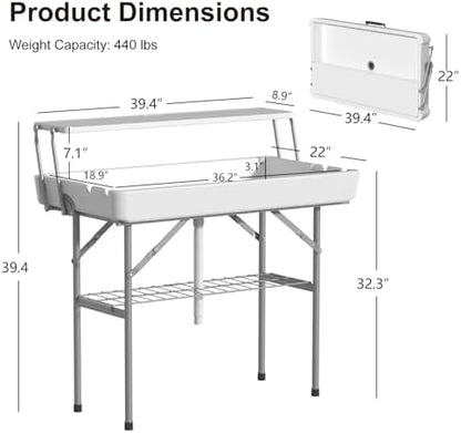 Ice Cooler Table with Drain, Two-Tier Plastic Folding Tables, with Removable Matching Skirt and Shelf, Indoor Outdoor Use for Party Camping Picnic Fishing Cleaning, 440 lbs Capacity