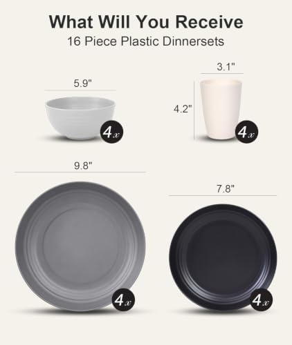 Quatish 16 Pcs Plates and Bowls Sets, Plastic Dinnerware Sets for 4, Grey