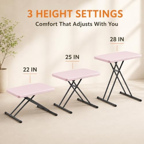 Folding Table, 30 Inch TV Tray with 3 Levels Adjustable Height, Heavy Duty No Assembly Foldable Small Table for Eating or Working on Couch, Living Room, Office, Indoor and Outdoor Use(Pink)