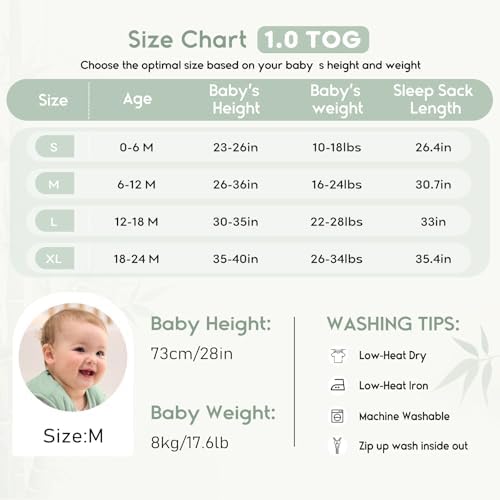 Yoofoss Baby Sleep Sack 12-18 Months Rayon Made from Bamboo 1.0 Tog