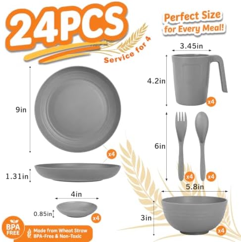 Wrova Modern Plates and Bowls Sets, 24PCS Wheat Straw Dinnerware Sets for 4