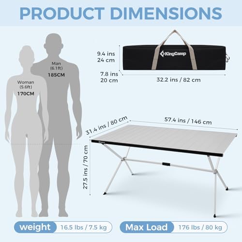 KingCamp 57.4" Oversized Folding Camping Table, Aluminum Roll Up Table
