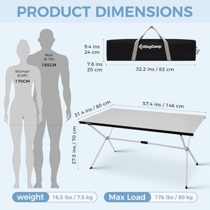 KingCamp 57.4" Oversized Folding Camping Table, Aluminum Roll Up Table