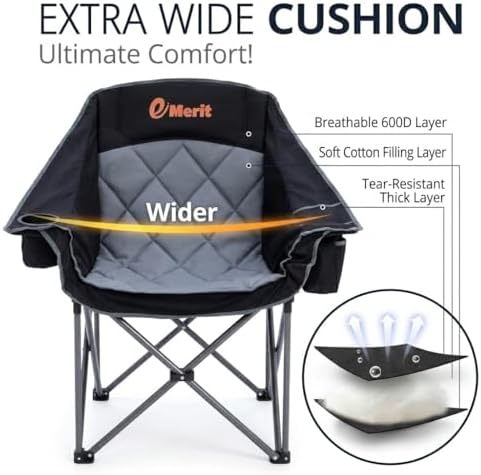 EMERIT Oversized Padded Camping Chair for Big Tall Adults, 500 LBS Heavy Duty Foldable Quad Lawn Chair, 19.68" High Seat, 4-Layer Cushion, Cup Holder, Camping Tailgating Backyard Patio Sports, Black