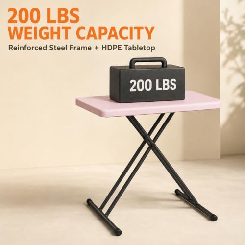Folding Table, 30 Inch TV Tray with 3 Levels Adjustable Height, Heavy Duty No Assembly Foldable Small Table for Eating or Working on Couch, Living Room, Office, Indoor and Outdoor Use(Pink)