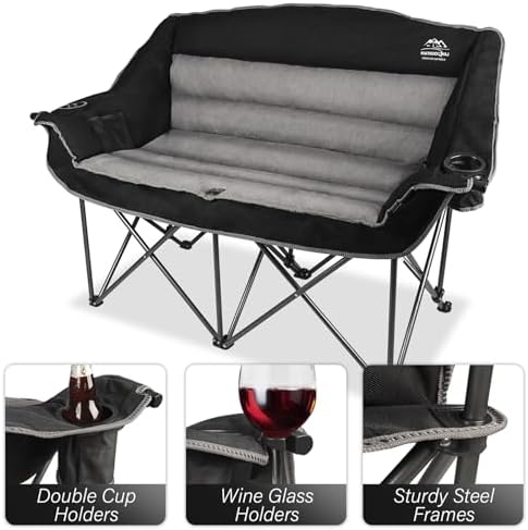 Fully Padded Folding Double Camping Chairs,Comfy Oversized Loveseat Lawn Chair w/Wine Glass Holder,Cup Holder,Heavy Duty Outdoor Portable Camp Couch Support 600 Lbs,Black