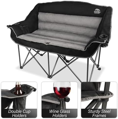 Fully Padded Folding Double Camping Chairs,Comfy Oversized Loveseat Lawn Chair w/Wine Glass Holder,Cup Holder,Heavy Duty Outdoor Portable Camp Couch Support 600 Lbs,Black