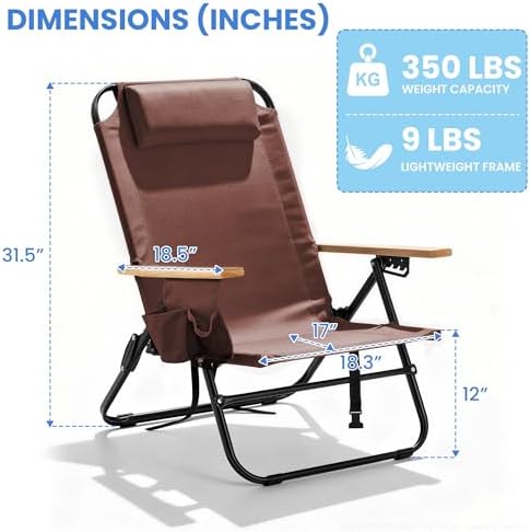 2 Pack Premium 5-Position Reclining Camping Chair - Portable Folding Lightweight Outdoor Chair with Wooden Armrests, Headrest & Pockets, 350lbs Heavy Duty for Beach, Patio, Backyard, Coffee
