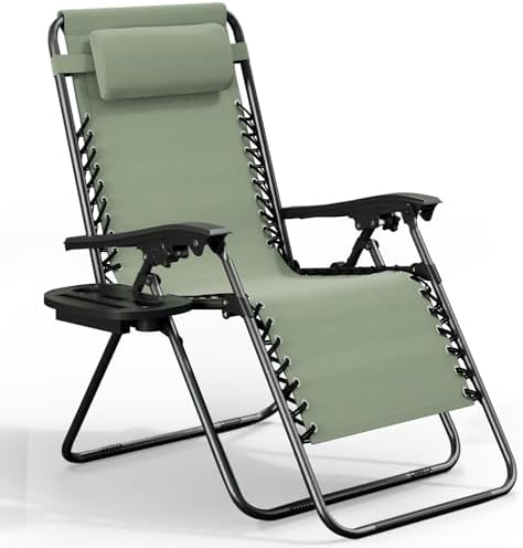 Nestl Zero Gravity Chairs 1 Pk, Portable Patio Lounge Outdoor with Pillows & Cup Holder Trays, Adjustable Steel Lawn Chair for Deck, Beach - Sage Green