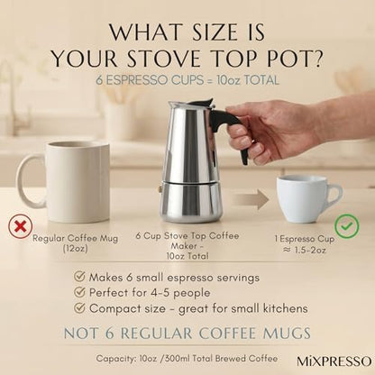 Mixpresso 6 Cup Greca Moka Pot, Stainless Steel Stovetop Espresso Maker