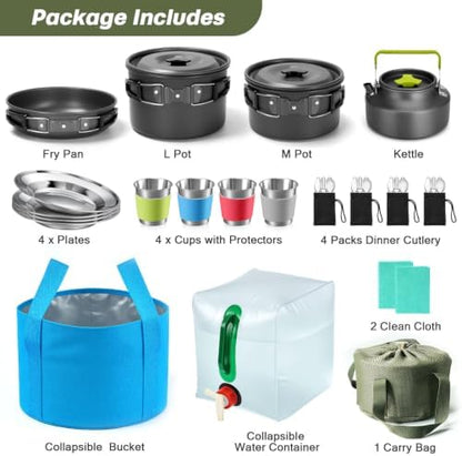 Odoland 29pcs Camping Cookware Mess Kit, Non-Stick Lightweight Pots Pan Kettle, Collapsible Water Container and Bucket, Stainless Steel Cups Plates Forks Knives Spoons for Outdoor Backpacking Picnic