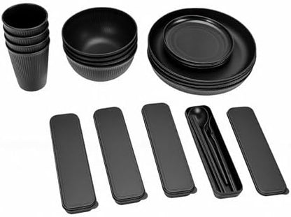 Zunate Reusable PP Dinnerware Set Service for 4, Dishwasher & Microwave Safe Plates Bowls with Cutlery Kit, Lightweight Portable Travel Camping Picnic Tableware, Food Grade Free