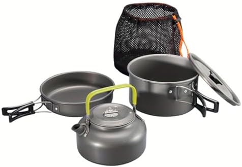 Portable Camping Cookware Set- Lightweight Aluminum Pot, Pan & Kettle with Foldable Handles for Backpacking, Hiking & Outdoor Cooking - Non-Stick, Space-Saving for 2-3 People